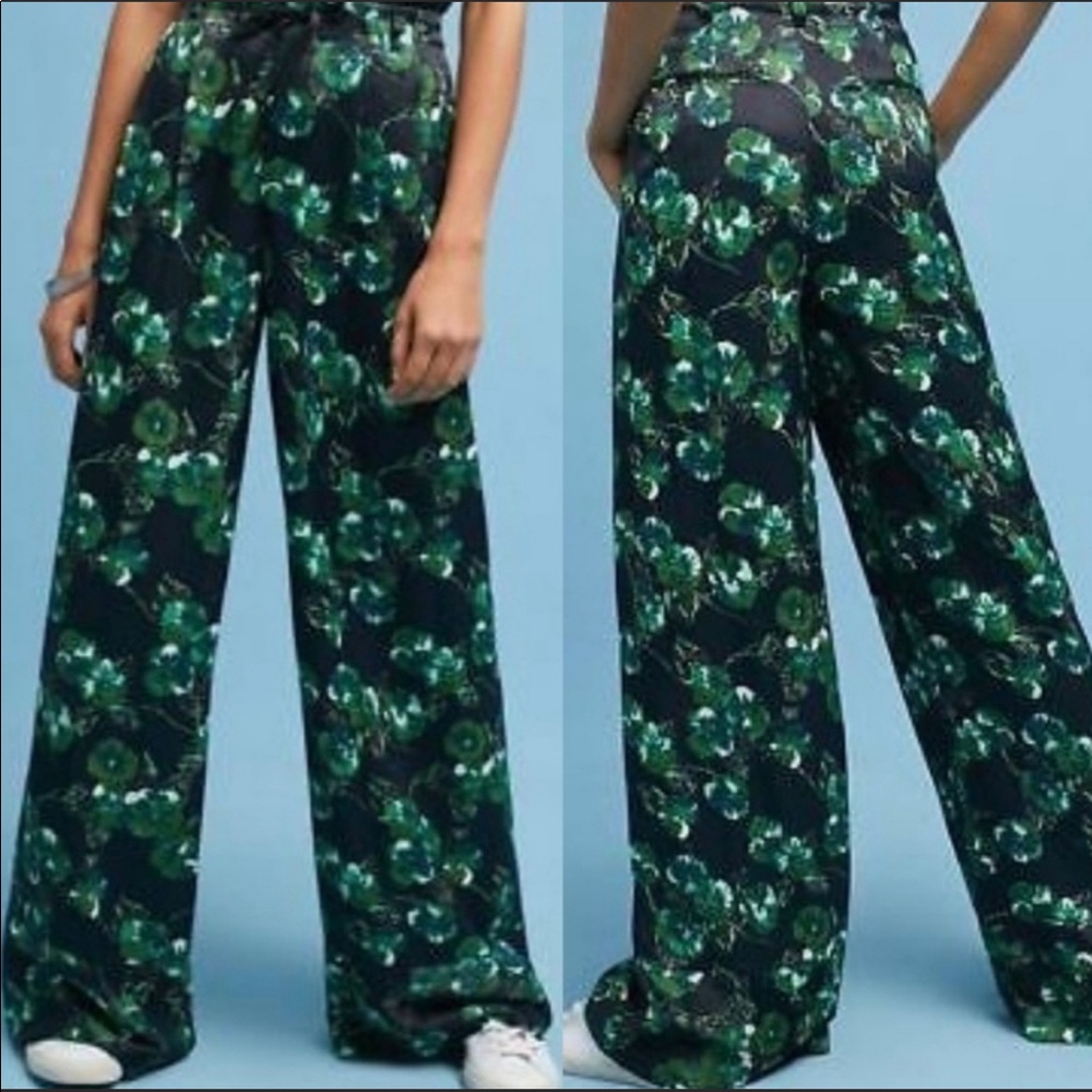 Anthro Elevenses Floral Wide Leg High Rise Black Pleated Satin Pant Size 6